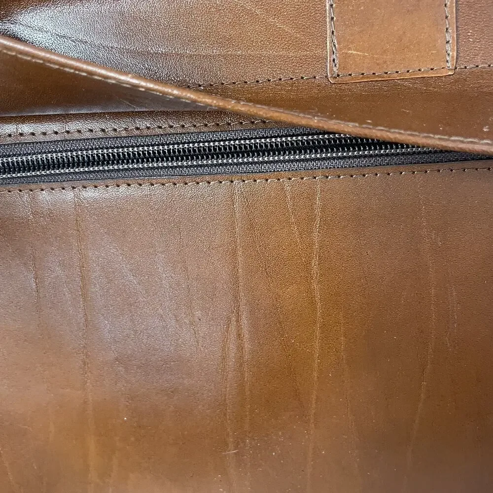 VTG Cognac Brown Leather Briefcase Attaché Case Trifold Wall Street Finance Bro